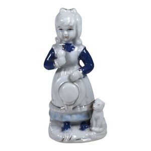 Blue & White Girl with Cat Ceramic Figurine Holding Hat 5" Tall